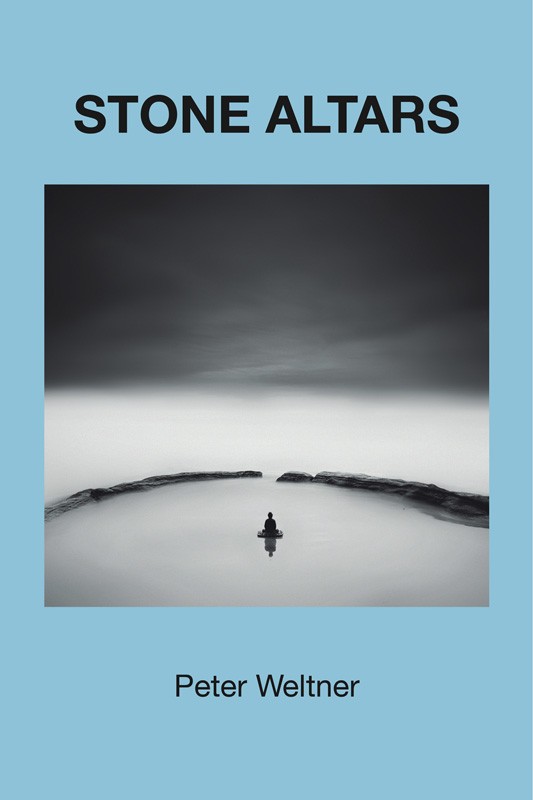 Cover for STONE ALTARS by Peter Weltner. A lone statue, or perhaps even a person locked in the stillness of meditation, is surrounded by water which reflects only this figure. A ring of stone keeps this calm water from spilling out into the surrounding hazy clouds.