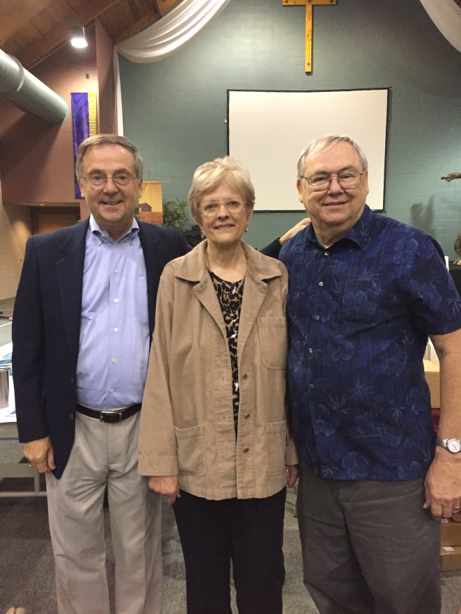 Author John Adam Wasowicz (left) with authors J.M. West (center) and Paul I. Frett (right), at the St. Paul's Authors' Fair in Chambersburg, PA, September 30, 2017.